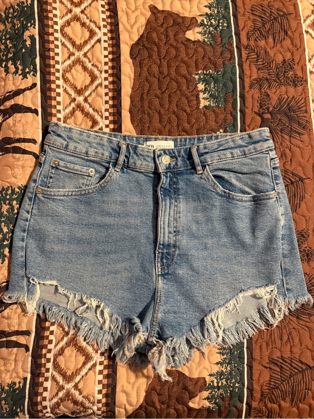 Zara Light Blue Frayed Hem High-Rise Denim Shorts